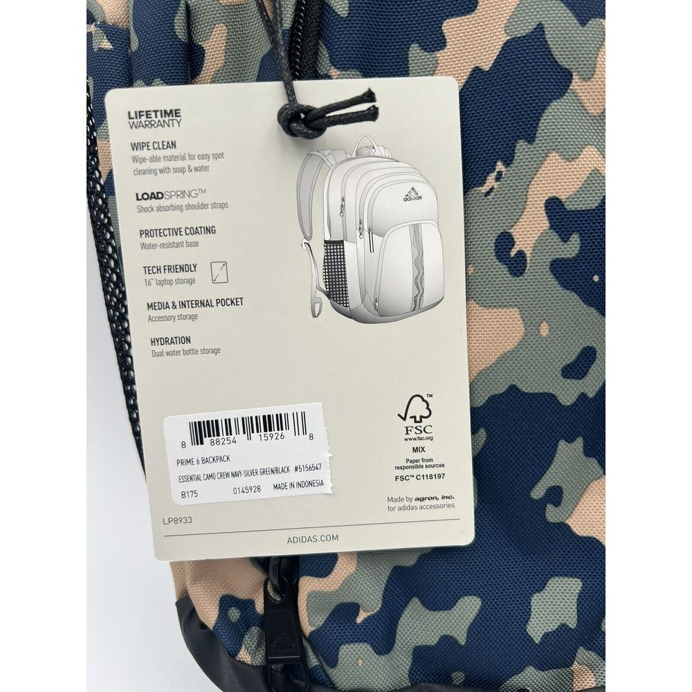adidas Prime 6 Backpack Essential Camo Crew Navy-Silver Green/Black One Size - Picture 3 of 12